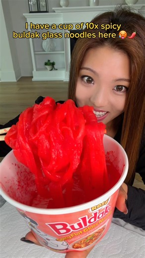 how many bites to finish a cup of 10x spicy buldak glass noodles 🌶️🥵? #food #eating #challenge