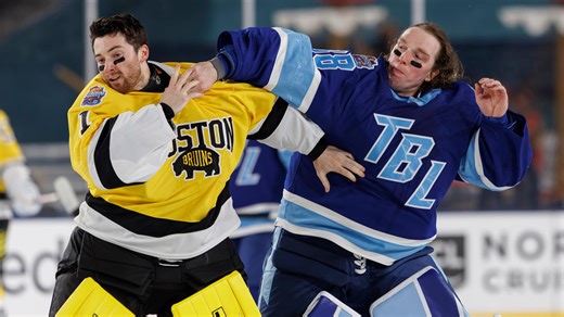 Goalie fight breaks out at Stadium Series after scrum in front of Bruins' net