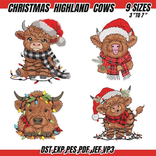Highland Cow Christmas Embroidery Designs, Santa Hat, Lights (digital Download) - Etsy