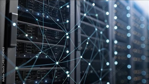 Interconnected Server Network in Data Center Illustrating Digital Communication, Connectivity, and Advanced Technology Infrastructure for Enhanced Internet Information and Data Exchange