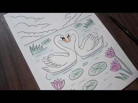 Swan In Lake Scenery | How To Draw Swans | Swans Scenery Sketch