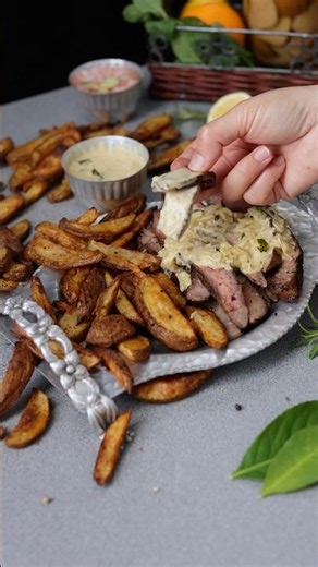 Strip Steak Au Poivre with Baked Steak Fries #food