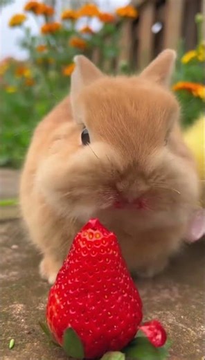 This bunny is beyond cute as it enjoys a strawberry meal in a garden