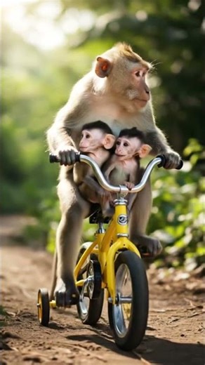 Monkey Riding Cycle with Baby Monkeys – Adorable Fun Moment! 🐒🚲 #monkey #viral