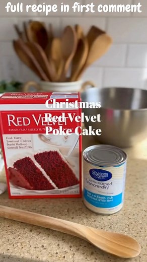 3-Ingredient Christmas Red Velvet Poke Cake Ultra-Easy 3-Ingredient Red Velvet Christmas Poke Cake Ingredients: 1 box red velvet cake mix (prepared according to package directions – counts as ONE ingredient) 1 (14 oz) can sweetened condensed milk 1 tub whipped topping Directions: Bake the red velvet cake in a 9×13-inch pan according to package instructions. Let the cake cool for 10 minutes. Use the end of a wooden spoon to poke holes all over the warm cake. Pour sweetened condensed milk evenly o