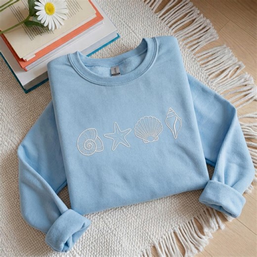 Embroidered Seashell Sweatshirt, Coastal Beach Crewneck, Nature Lover Top