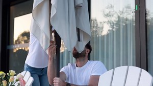 JEAREY Upgrade 9x10 FT Rectangular LED Lights Patio Umbrella, Solar Outdoor Umbrella, Tilt Table Umbrella for Pool, Deck & Yard (Red)