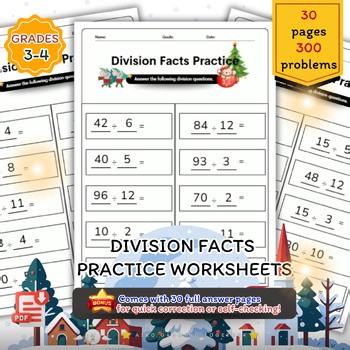 Christmas Division Facts Practice Worksheets up to 100 Great for Grades 3–4