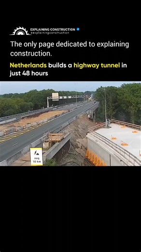 Explaining Construction on Instagram: "Follow us @explainingconstruction to learn more about construction. In the Netherlands, engineers once replaced a highway underpass with a tunnel in just one weekend — and it wasn’t a gimmick. They pre-fabricated a 70‑meter (230‑foot) tunnel off-site, then worked non-stop through storms and wind to remove the old road, slide the tunnel into place, and repave the highway. By Monday morning, commuters were driving on a wider, three-lane road — all thanks to e