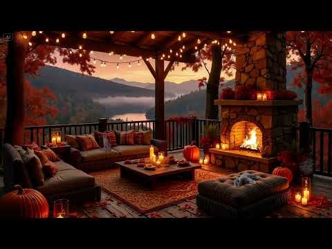 Cozy Autumn Porch 🍂 Smooth Piano & with Fireplace Crackling for Relax & Sleep