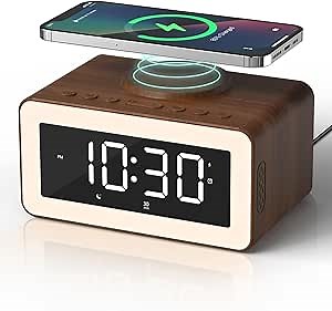 Digital Alarm Clocks for Bedrooms, Bluetooth Speaker, Alarm Clock with Wireless Charging, White/Brown Noise Sound Machine for Sleep with Night Light Wooden Vintage Decor Birthday Gifts for Men, Women