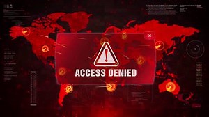 ACCESS DENIED Alert Warning Message Attack on World map. Wire frame Radar Network Seamless loop Motion Background. UI Elements HUD Sci Fi interface.