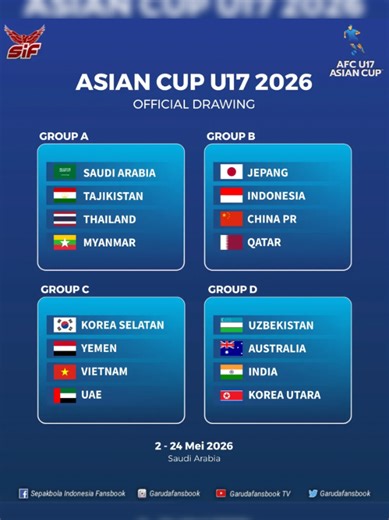 📌SIF | OFFICIAL DRAWING ✍🏻 ✅ Berikut Drawing lengkap Piala Asia U17 2026 di Saudi Arabia. 🇮🇩 Indonesia berada di Grup B dan nampaknya akan sangat berat. PSSI perlu menyiapkan tim dengan sebaik-baiknya sebelum turnamen 🇹🇭 Thailand benar-benar punya peluang ke Piala Dunia 🇻🇳 Vietnam jika bisa mengalahkan UAE mereka juga ke Piala Dunia ✨ 8 negara terbaik ditambah Qatar (total 9 negara) akan mewakili Asia ke Piala Dunia U17 2026 yang berlangsung di Qatar . . #fyp #timnasindonesia #u17 #viral