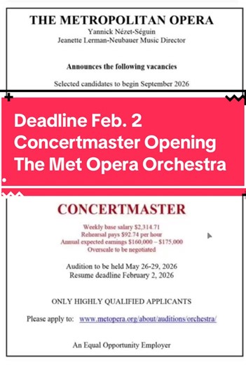 Calling all outstanding violinists and current concertmasters 🎻 Here’s a once-in-a-lifetime opportunity to audition for the Concertmaster position at the prestigious Metropolitan Opera Orchestra. Share this to people who qualify for this position! 🗓 Deadline: February 2 Auditions: May 26-29 Don’t miss it. #metorchestra #metopera #metorchestramusicians #concertmaster #violinaudition