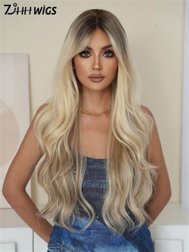 Mini Lace Highlight Blonde Wig For Women Long Curly Wavy Wig Middle Part With Curtain Bangs Natural Looking U-Part Small Lace Front Synthetic Hair Wig For Girl Daily School Use 30 Inch/77 Cm | SHEIN