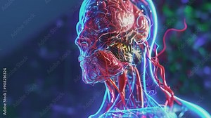 This detailed 3D rendering showcases the human brain and circulatory system, highlighting blood vessels and neural structures. The vibrant colors depict a scientific analysis in a high-tech lab