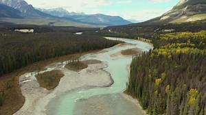 Aerial view of the Athabasca River in Alberta, Canada.