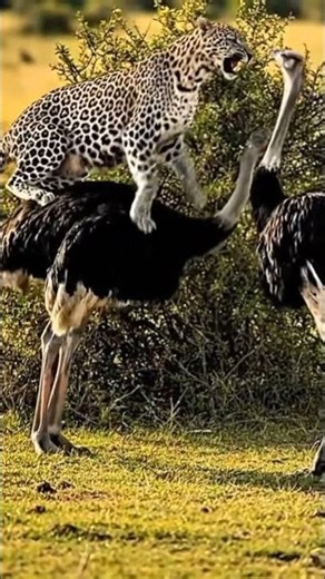 Leopard Jumps Onto Ostrich’s Back as Second Ostrich Reacts | Wild Safari Encounter