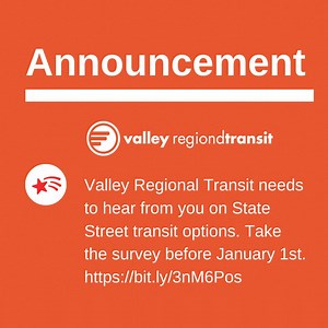 20 reactions · 14 shares | Valley Regional Transit (VRT) needs to hear from you on State Street transit options to improve service between Whitewater Park Blvd and Main Street Station. The survey closes January 1st. Find the survey by clicking here: https://bit.ly/3nM6Pos @citygoboise | Valley Regional Transit | Facebook