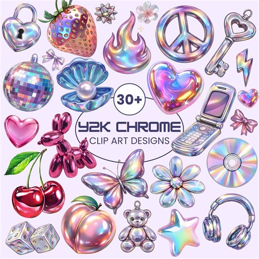 Y2K Chrome Clip Art Bundle | Holographic 2000s Graphics (digital Download) - Etsy