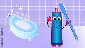 toothpaste and toothbrush in the bathroom. cartoon animation. video saver.