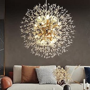 Crystal Chandelier, Firework Modern Beaded Chandeliers, Dandelion Gold Pendant Lamp, Hanging Lighting Fixture for Bedroom, Dining Room, Kitchen, Farmhouse, Hallway, Foyer, 22" Gold 12 Lights