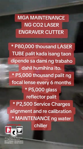 1K views · 3 comments | MGA MAINTENANCE NG CO2 LASER ENGRAVER CUTTER * P80,000 thousand LASER TUBE palit kada isang taon dipende sa dami ng trabaho dahil humihina ito * P5,000 thousand palit ng focal lense every 6 months * P5,000 qlass reflector palit * P2,500 Service Charges Alignment and Recalibration * MAINTENANCE ng water chiller. | Pc Perfect | Facebook