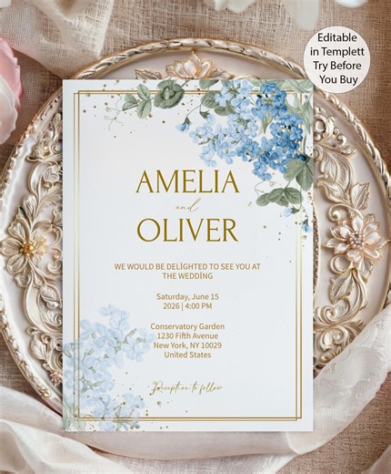 Blue Hydrangea Wedding Invitation, Editable Templett Invite, Elegant Gold Frame Floral, Instant Download - Etsy