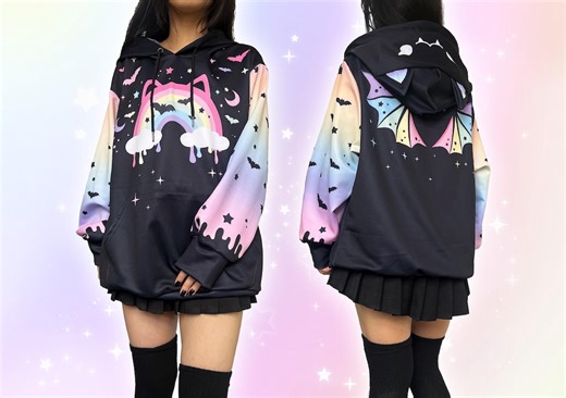 Pastel Goth Bat Hoodie With Cat Ears, Lightweight Yami Kawaii Kitty Hoody Creepy Cute Harajuku Japanese Streetwear Rainbow Hooded Sweatshirt - Etsy