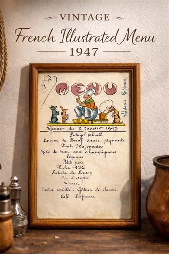 Vintage French Illustrated Menu 1947 – Humorous Chef Illustration – Original Restaurant Menu Art – Gastronomy Wall Decor