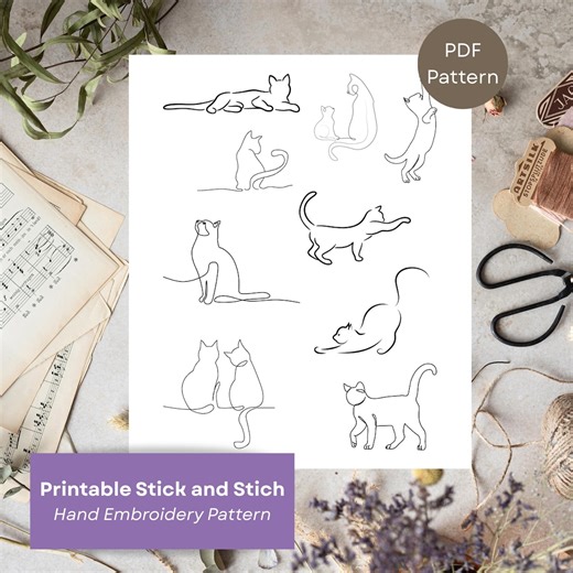Cat Embroidery Patterns: Printable Stick and Stitch Designs (PDF Download), DIY Embroidery Gift, Pet Embroidery - Etsy