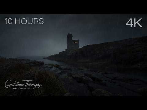 Thunder and Rain Around the Lonely Lighthouse | Dark Coastal Storm for Sleep | 10 HOURS (4K)