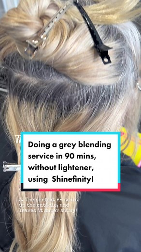 Wanna see a grey blending service done in less than 2 hours? AND, without lightener? 😃💎 My client wanted to give her hair a break from lightening, but needed to blend her regowth more seamlessly from the previous blonding service. I opted to use Wella Shinefinity for this service, because it would make her color appear less obvious, her hair feels softer and shinier, and gives a beautiful blend while we keep her natural regrowth color intact! What do you think? Would you embrace your grey hair