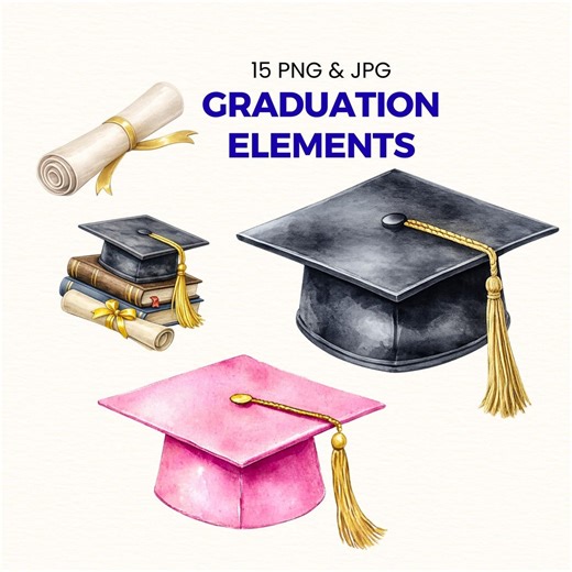 Graduation Cap Clipart PNG, Graduation Hat Clipart, Diploma Clipart, Academic Graduation Elements Bundle - Digital - 15 PNG&JPG - Etsy