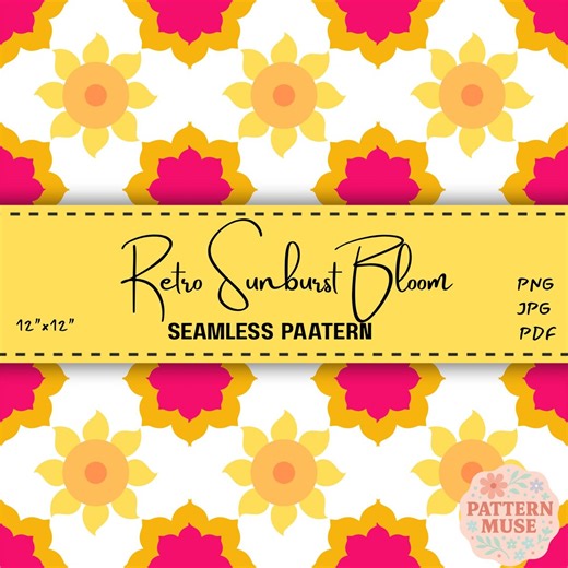 Retro Sunburst Floral Seamless Pattern, Pink Yellow Digital Paper (digital Download) - Etsy