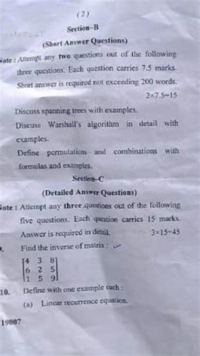 BCA 1st sem 2026 question paper of mathematics c.c.s.u