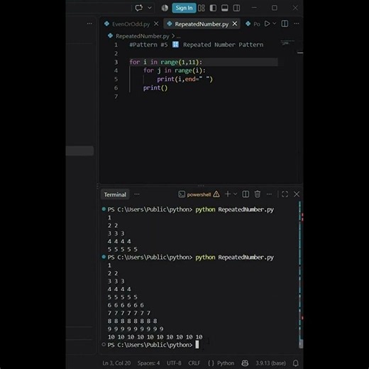 🐍 Python Pattern #5 🔢 | Repeated Number Pattern