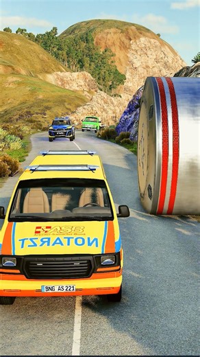 Cars & Ambulance Van vs Giant Pit Bollards Crash - BeamNG.drive