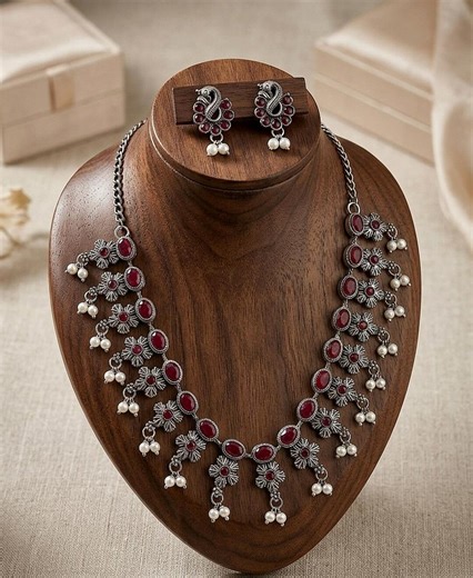 Oxidized Silver Ruby Red Necklace Set With Pearl Drops | Indian Floral Peacock Jewelry Choker - Etsy