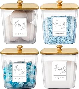 4 Pack Laundry Pods Containers & Plastic Powder Detergent Holder Set, Laundry Room Organization and Storage, Clear Organizer Jars with Lids, Scoops & Labels for Scent Beads, Dryer Balls, Lint