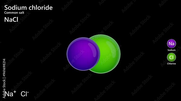 The video shows the 2d structure and 3d model of the Sodium chloride NaCl molecule (ClNa). Sodium chloride, also known as salt, common salt, table salt or halite. 3d rendering. black background