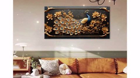 ZESTRILIA Pretty Peacock Wall Art for Living Room Office Gold Country Rustic Retro Asian Canvas Painting Prints Golden Vintage Elegant Peackock Artwork Dining Bedroom Decor (40x20 Inches)