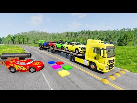TRANSPORTING PIXAR CARS & FRUITS WITH COLORED & JOHN DEERE vs CLAAS vs TRACTORS - BeamNG.drive #983