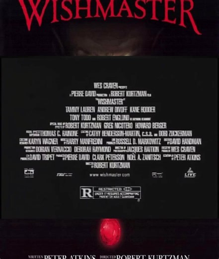 📼 Wayback Wednesday (9-17-25) 📼 “Wishmaster” (1997) This week we’re takin’ ya back to 1997 with a TV spot from a Wes Craven classic, “Wishmaster.” This movie featured so many cameos from Horror icons including Robert Englund and Tony Todd and is criminally underrated. Be careful what you wish for…. #waybackwednesday #wescraven #wishmaster | Horror/365