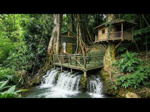 7 Days of Rainforest Survival Build a Complete Shelter in a Giant Fallen Tree