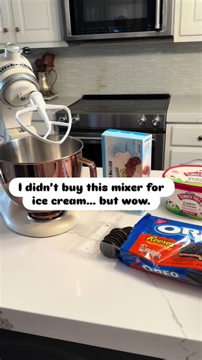 #icecreammaker Oreo ice cream but make it better 🍨 I took store-bought ice cream, added Reese’s Oreos, and let my KitchenAid mixer do the magic — the texture is unreal. This ivory KitchenAid with the copper bowl isn’t just pretty, it works. If you’ve been thinking about upgrading your mixer or want one that’ll last for years, this is it. 🤍🥣 #KitchenAidMixer #KitchenAidLove #KitchenGoals #HomeChefLife Easy desserts Dessert hack Baking From Scratch Luxury kitchen Ivory kitchen Copper kitchen Ki