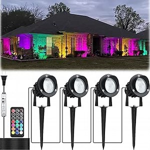 20W Outdoor RGB LED Spotlights 4 Pack, 120V 1000lm with Remote & Transformer, 12 Colors 19 Modes, IP65 Waterproof 46.5ft Cord, Landscape Lights for Yard Garden Christmas Halloween