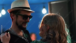 Couple kissing hugging dancing together at roof party enjoy love best feeling outdoor summer disco