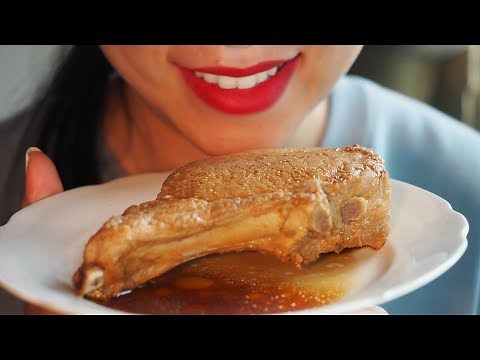 Girl Eats Pork Meat on Bone. Chewed meat Warning! Close up camera