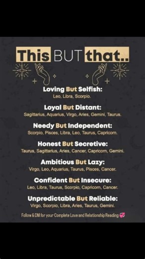 Which Zodiac Paradox Are You? ♊️♎️♏️ Ever feel like a walking contradiction? 🤔 This breakdown of zodiac signs proves we all are! Our star signs have complex layers, and sometimes our biggest strengths can look a lot like our biggest weaknesses. Which one of these paradoxical pairs resonates with you the most? 💫 ➡️ Loving But Selfish: Leo, Libra, Scorpio ➡️Loyal But Distant: Sagittarius, Aquarius, Virgo, Aries, Gemini, Taurus ➡️Needy But Independent: Scorpio, Pisces, Libra, Leo, Taurus, Caprico